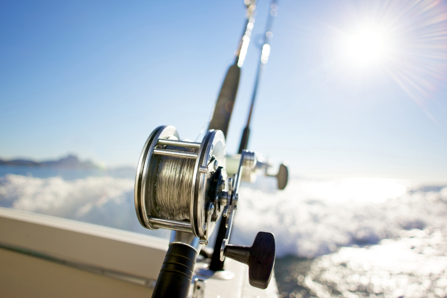 Close up of a fishing reel on a boat